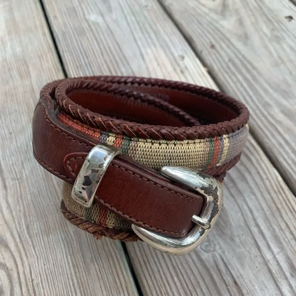 Vintage Brighton leather and needlepoint style striped belt L
